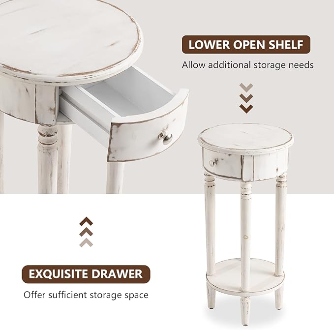 COSIEST Tall End Table with Drawer, Round Nightstand with Storage Shelf, Industrial Telephone End Table for Living Room, Bedroom, Hall Way, Space Saving Beige