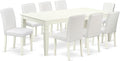 East West Furniture LGAB9-LWH-64 9 Piece Dining Table Set Includes a Rectangle Kitchen Table with Butterfly Leaf and 8 White Faux Leather Upholstered Chairs, 42x84 Inch, Linen White