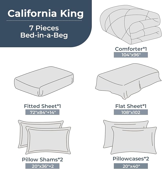 HEVUMYI Cali-King Comforter Set - 7-Piece All Season Bed in a Bag Cali-King, Ultra Soft Bedding Set with Comforter, Flat Sheet, Fitted Sheet, Pillowcases, Pillow Shams, Dark Grey & Light Grey