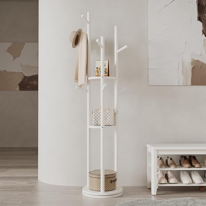 Solid Wood Rotary Coat Rack, Freestanding Coat Rack with 3 Shelves and 9 Hooks, Coat tree for Bedroom, Entryway, Livingroom, Coat Hanger Stand for Coats, Scarves, Handbags (White)