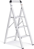 KINGRACK Aluminium 3 Step Ladder, Lightweight Step Stool with Non-Slip Pedals, Handrail, 330 LBS Foldable Step Ladder for Kitchen, Garage, Home, Space Saving, Sturdy and Portable, Silver