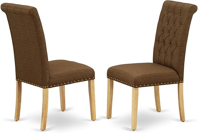 East West Furniture DLBR3-OAK-18 3 Piece Kitchen Table & Chairs Set Contains a Round Dining Table with Dropleaf and 2 Brown Linen Linen Fabric Upholstered Chairs, 42x42 Inch, Oak