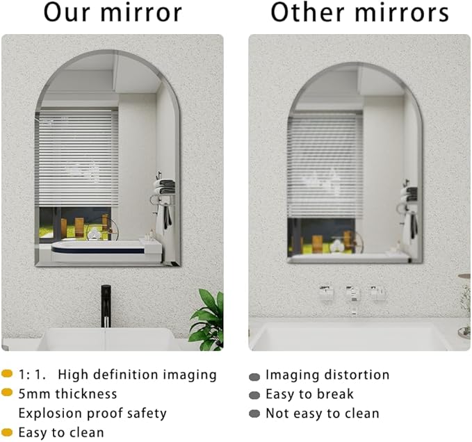 Arched Bathroom Mirror, 24X36 inch Arched Frameless Mirror, Arch Wall Mirror，Frameless Mirrors for Bathroom,Beveled Bathroom Mirror.