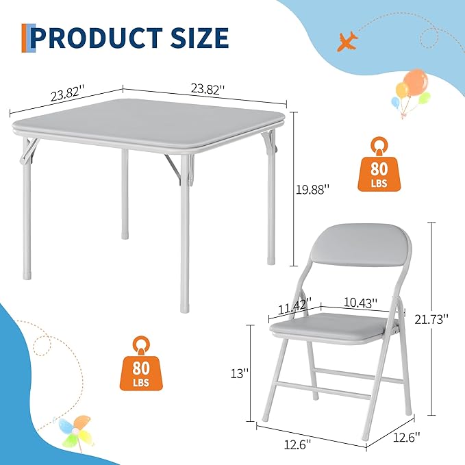 IDEALHOUSE 5 Piece Folding Kids Table and Chairs Set, Children Activity Table and Chairs Set for Dining Room,Daycare,Classrooms