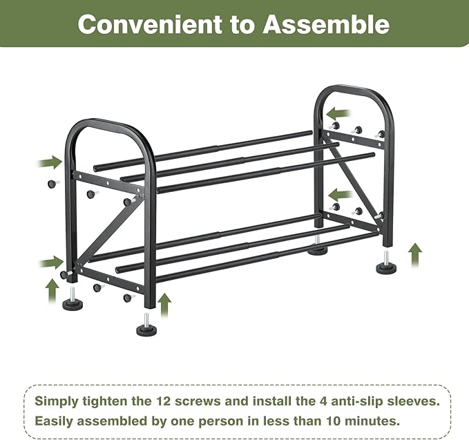2-Tier Shoe Rack for Closet, 16"-33" Expandable ShoeRack, Adjustable for Entryway Closet Doorway SturdyMetal, Black