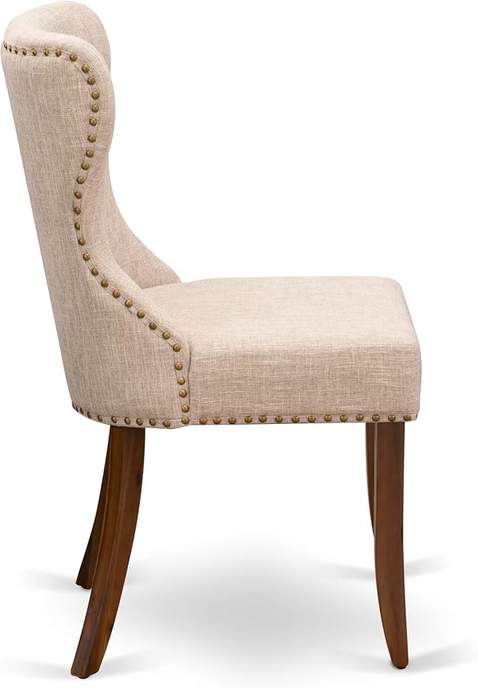 NESI9-AWA-04-9-Piece Dining Table Set Consists of a Modern Kitchen Table and 8 Light Tan Linen Fabric Dining Chairs with Button Tufted Back - Antique Walnut Finish