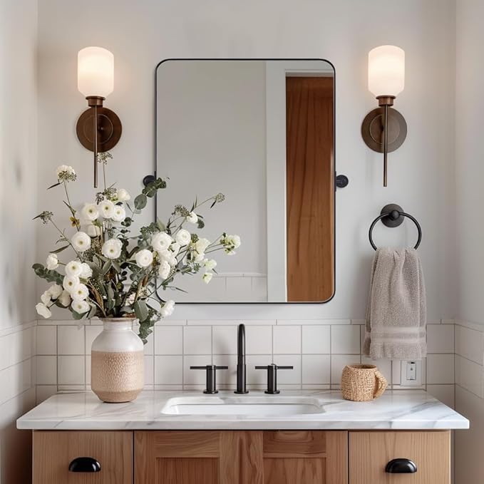 MOON MIRROR Matte Black Pivot Mirror Bathroom, Bathroom Tilt Rounded Rectangular for Vanity, Overall 32.33 x 36 in (Mirror 28x36 in)