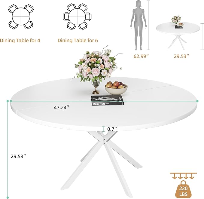 47.24" Round Dining Table, Modern Dining Room Table for 4-6 Person, Wood Round Kitchen Table with Metal Legs, Round Coffee Table for Home Dining Room Living Room (White)