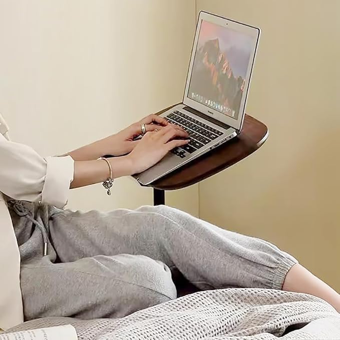 Modern Minimalist C Shaped Side Table, Wooden Sofa Table with Adjustable Height and Swivel Top, Laptop Desk for Living Room, Bedroom, Study and Small Spaces, Walnut Wood