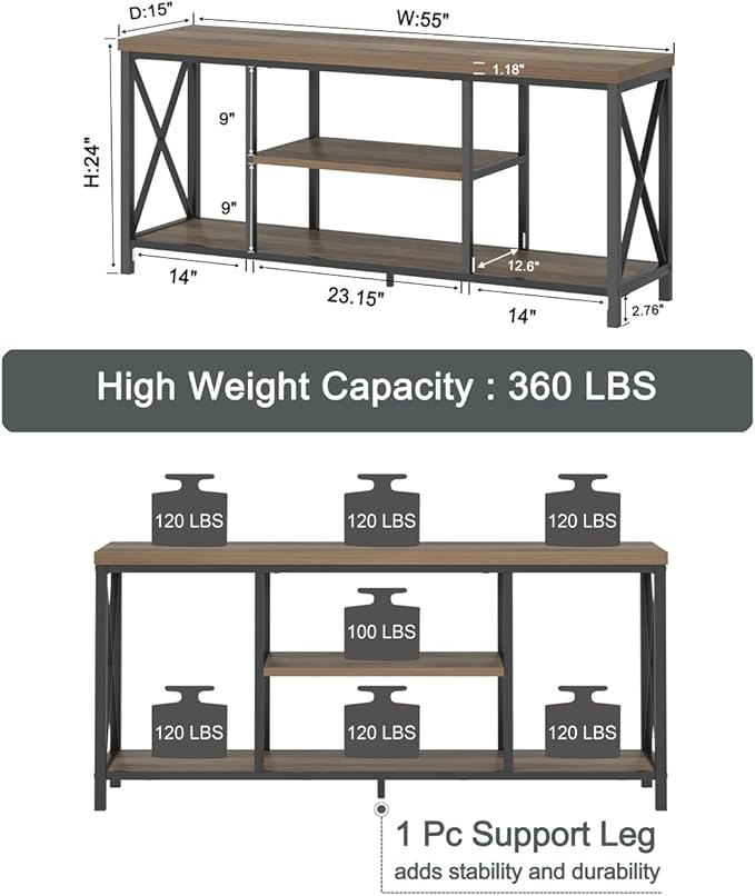 FOLUBAN TV Stand for TV up to 65 inch, Rustic Wood and Metal Entertainment Center with Storage Shelves, Modern Industrial Media TV Console Table for Living Room, Oak 55 inch