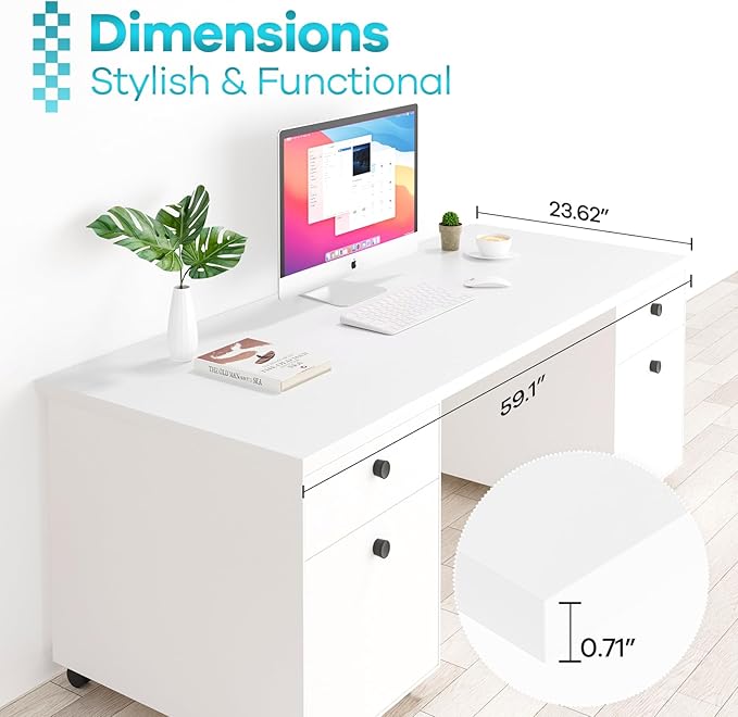 Kaboon White Table Top 23.62" D x 59.1" W, Solid One-Piece Desktop, Universal Wood Countertop, Reversible Laminate Top, Double Desks, L-Desk DIY, for Home and Commercial