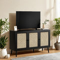 Rattan Entryway Table, Entertainment Center with Adjustable Shelf, Sideboard Buffet Cabinet with 3 Rattan Doors, Modern Console Cabinet with Large Storage for Living Room, Kitchen, Black