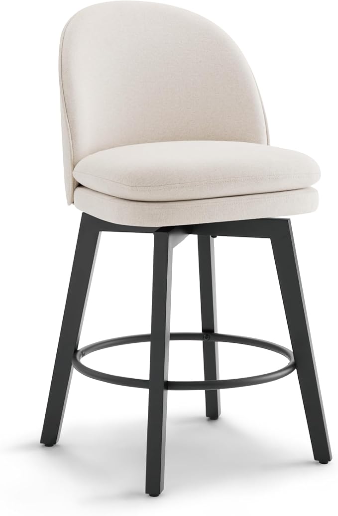 Counter Height Barstools 26 inch Upholstered Swivel Bar Stools with Back and Wood Legs for Kitchen Island,Set of 1,Beige Fabric-Armless