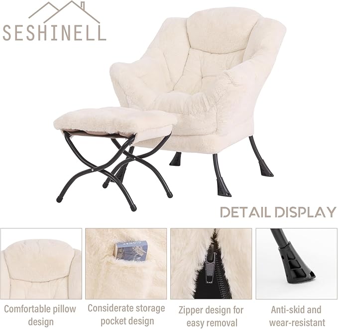 Lazy Chair with Ottoman, Modern Accent Chair Lounge Leisure Sofa Chair with Armrests, Reading Chair and Folding Footstool for Living Room, Bedroom, Office, Plush Beige