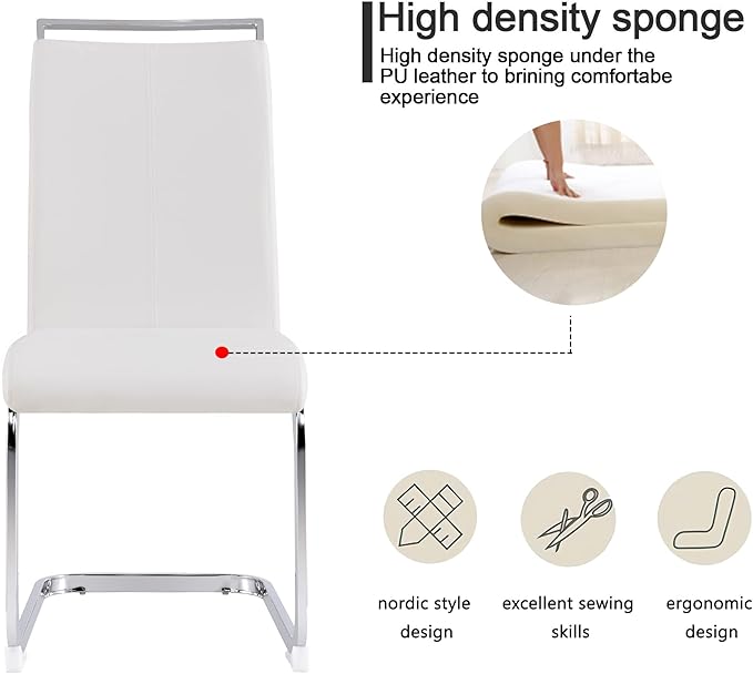 Dining Chairs Set, Kitchen Modern Metal Chairs with Faux Leather Padded Seat High Back and Sturdy Chrome Legs, Chairs for Dining Room (White, Set of 6)