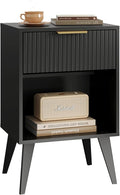 Fluted Night Stand with Opening Storage,Mid Century Bedside Table with Drawer,Modern Nightstand with Solid Wood Legs,End Table Side Table for Living Room,Bedroom,Black CTG56BK