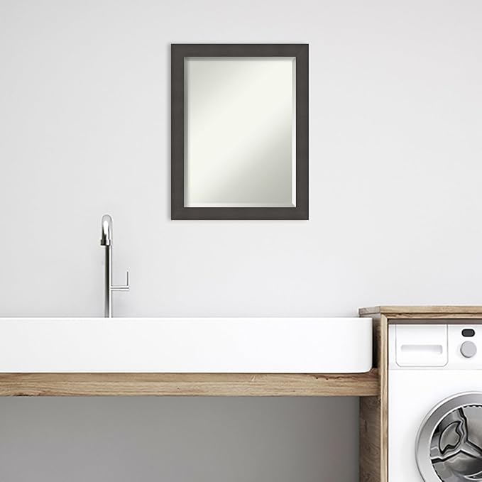 Amanti Art Silver Bathroom Mirror for Over Sink, 28x22 Blaine Light Pewter Narrow Rectangle Vanity Mirror, Medium Modern Contemporary Frame, Hangs Horizonally and Vertically, Bathroom Wall Decor