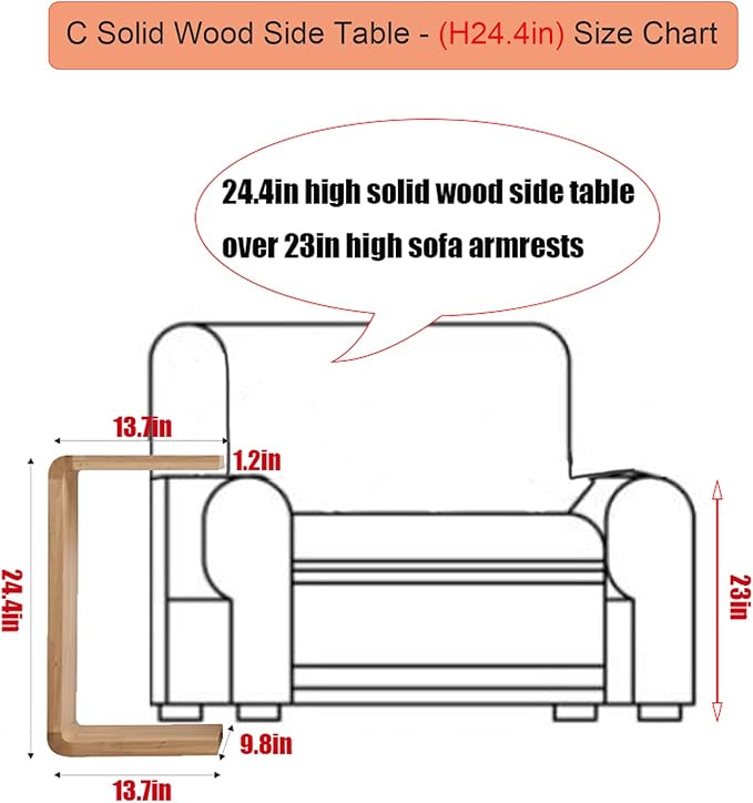 C Shaped End Table, Solid Wood C Side Table for Couch Sofa and Bed, Sofa Tables That Slide Under for Space Saving, Small Snack C Tables for Living Room Bedroom (H 24.4″ - Black, 2)