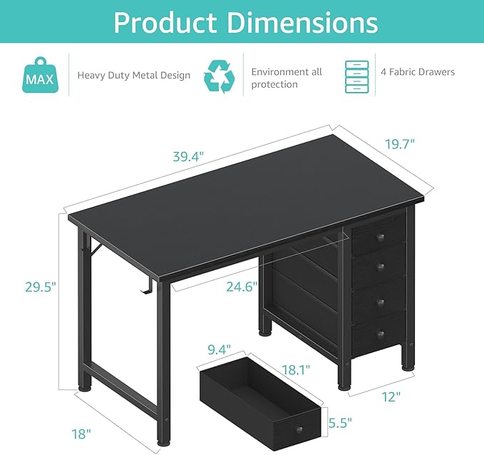 Lufeiya Small Gaming Desk with 4 Fabric Drawers, 40 Inch Kids Girls Teen Cute Study Desk for Bedroom, Reversible Work Computer Writing Table Desks for Small Space Home Office, Black