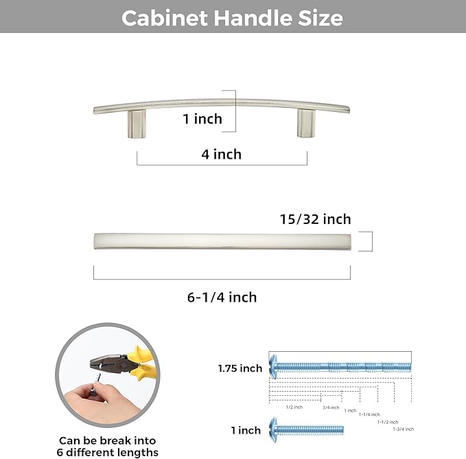 5 Pack Cabinet Handles 4" Hole Center - Curved Cabinet Pulls Brushed Nickel Drawer Pulls for Kitchen Cupboard Solid Hardware for Dresser Drawer Arch Hardware