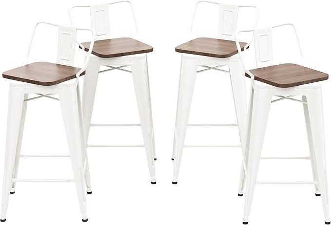 24 Inch Swivel Bar Stools Set of 4 with Backs Counter Height Industrial Metal Barstools Island Bar Chairs for Home Kitchen Dining Room (Swivel 24 inch, White Wooden)