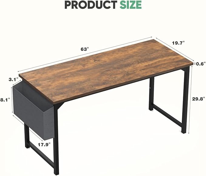 63 Inch Desk Office with Storage, Modern Simple Style Gaming Computer Table for Youth Student Adult, Metal and Wood Home Office Furniture, Rustic Brown