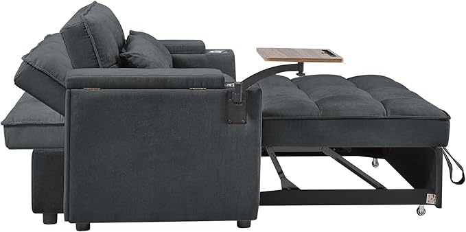 3 in 1 Queen Loveseat Convertible Sofabed Modern Living Room Multifunctional Sleeper Sofa Convertible Spacious Sofa Bed W/Pull Out Sleeper Couch Bed Armrests Storage,Cupholders,USB Ports ,Side Table