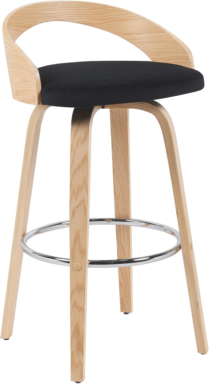 Sonia Modern Swivel Bar Height Stool with Black Upholstered Seat and Patterned Oak Wood Finish Set of 2
