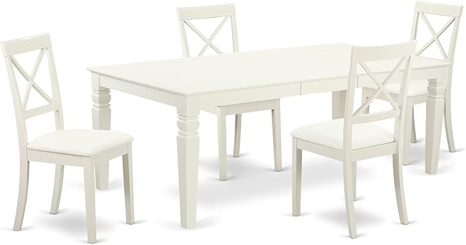 East West Furniture LGBO5-LWH-LC 5 Piece Dining Room Furniture Set Includes a Rectangle Kitchen Table with Butterfly Leaf and 4 Faux Leather Upholstered Chairs, 42x84 Inch, Linen White