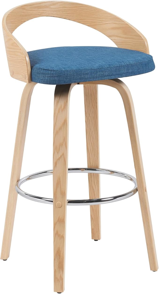 Armen Living Sonia Modern Swivel Bar Height Stool with Blue Upholstered Seat and Patterned Oak Wood Finish