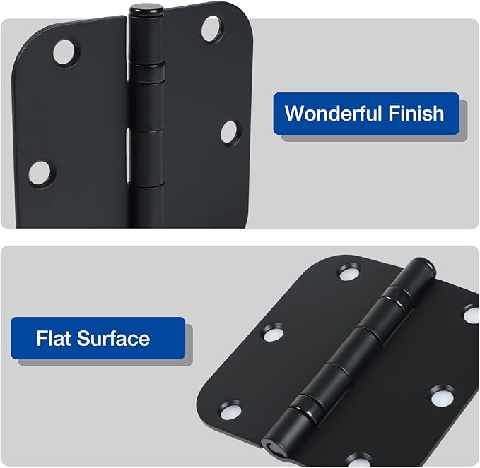 12 Pack Anti Squeak Matte Black Door Hinges 3.5 Inch 5/8" Radius Round Ball Bearing Interior 3-1/2"Flat Bifold Standard Bedroom Indoor for Doors 3 ½" Hardware Essentials House Home Decor Accessories