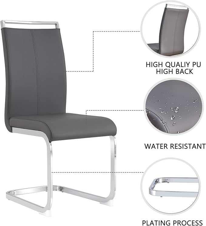 Dining Chairs Set, Kitchen Modern Metal Chairs with Faux Leather Padded Seat High Back and Sturdy Chrome Legs, Chairs for Dining Room (Grey, Set of 6)