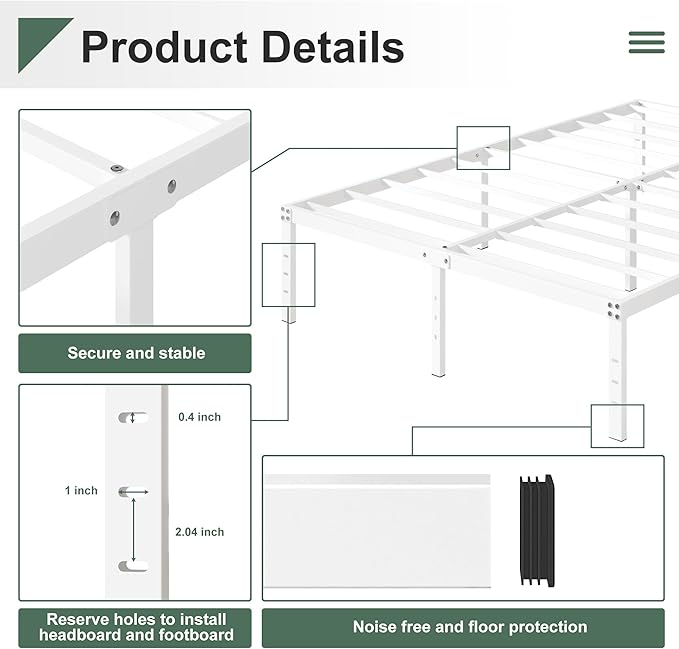 16 Inch White Full Size Bed Frame No Box Spring Need, Metal Platform Full Bed Frames with High Storage, Eassy Assembly 3,500 lbs Heavy Duty Bedframes