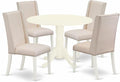 East West Furniture DLFL5-WHI-01 5 Piece Modern Dining Table Set Includes a Round Wooden Table with Dropleaf and 4 Cream Linen Fabric Parson Dining Room Chairs, 42x42 Inch, Linen White