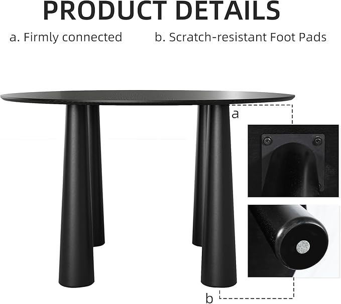 Casaphoria 45" Round Dining Table, Kitchen Table for 4 with Arc-Shaped Edge Top and Cylindrical Legs, Easy Assembly for Living Room, Dining Room, Black