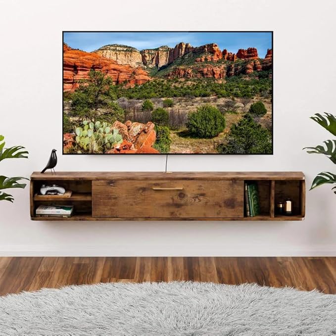 Floating TV Unit, 76'' Wall Mounted TV Cabinet, Floating Shelves with 4 Cabinets, Wood Entertainment Media Console Center Large Storage TV Bench for Living Room & Office (Rustic Brown)