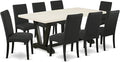 East West Furniture V627DR124-9 9 Piece Dining Set Includes a Rectangle Dining Room Table with V-Legs and 8 Black Color Linen Fabric Upholstered Parson Chairs, 40x72 Inch, Multi-Color
