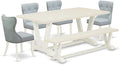 East West Furniture V027SI215-6 6 Piece Dining Set Contains a Rectangle Dining Room Table with V-Legs and 4 Baby Blue Linen Fabric Parson Chairs with a Bench, 40x72 Inch, Multi-Color