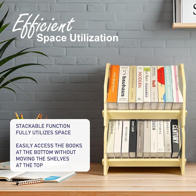 2 Pack Desktop Bookshelf, Stackable Book Organizer with Handle, Storage Rack for CD/Magazine/File Folder, Portable Small Bookshelf for Study, Living Room, Kid's Room, No Nails, Medium Size
