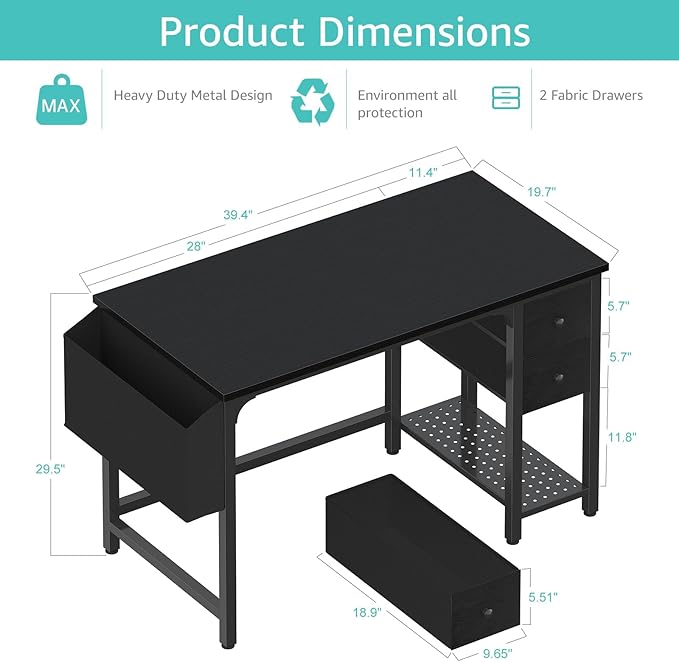 Lufeiya Computer Desk with Fabric Drawers, 40 Inch Reversible Gaming Desk for Small Space Home Office, Modern Simple Study Writing Table PC Desks for Bedroom, Black