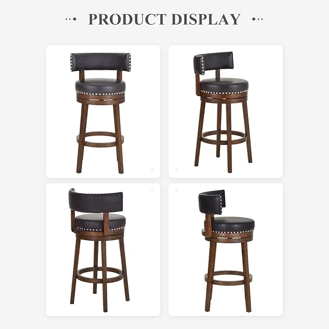 COLAMY Swivel Counter Height Bar Stools Set of 3, 30 Inch Modern Upholstered Kitchen Island Barstools with Back, Wood Swivel Bar Chairs for Counter Bar Dining Room, Dark Brown