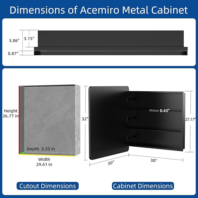 30x32 Inch Bathroom Medicine Cabinet with Mirror Black Metal Framed Mirror Cabinet Recessed or Surface Wall Mounted Medicine Cabinets for Bathroom