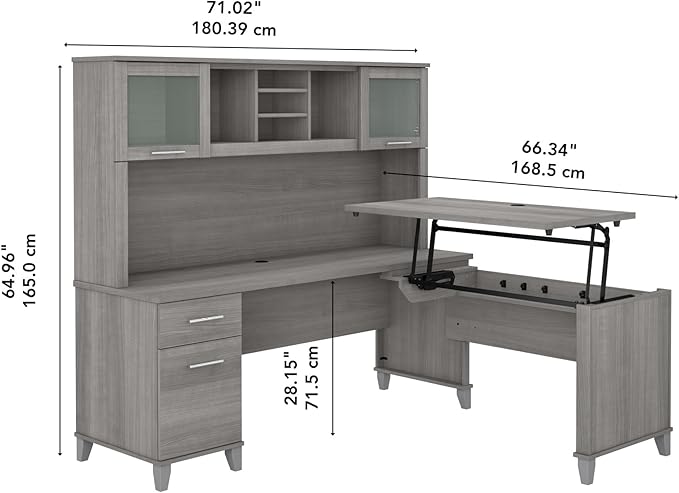 Bush Furniture Somerset 72W 3 Position Sit to Stand L Shaped Desk with Hutch in Platinum Gray | Adjustable Height Table for Office