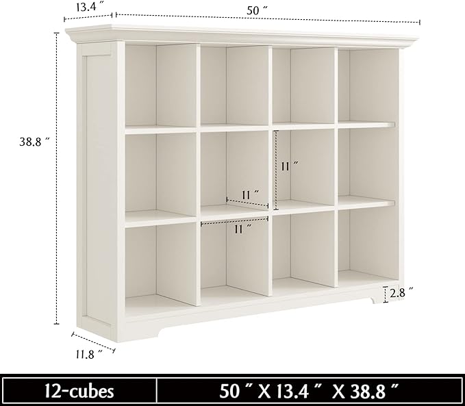 Wooden Cube Bookcase with Base - Modern 3 Tiers Floor Standing Open Shelf Cabinet for Home and Office, 12-Cube Lattice Bookshelf, Warm White