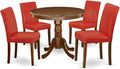 East West Furniture ANAB5-MAH-72 5 Piece Dining Table Set Includes a Round Dining Room Table with Pedestal and 4 Firebrick Red Faux Leather Parsons Chairs, 36x36 Inch, Mahogany
