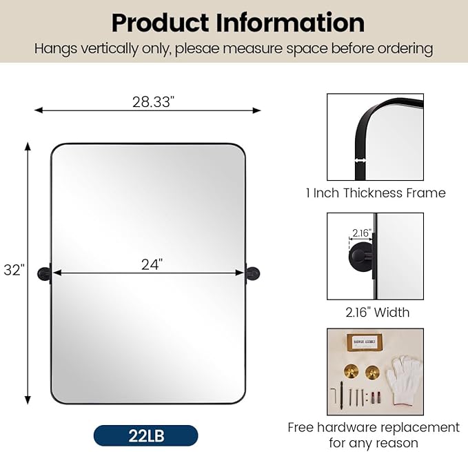 MOON MIRROR Matte Black Pivot Mirror for Bathroom, Tilt Rounded Rectangle for Vanity, Overall 28.33x 32 in (Mirror 24x32 in)