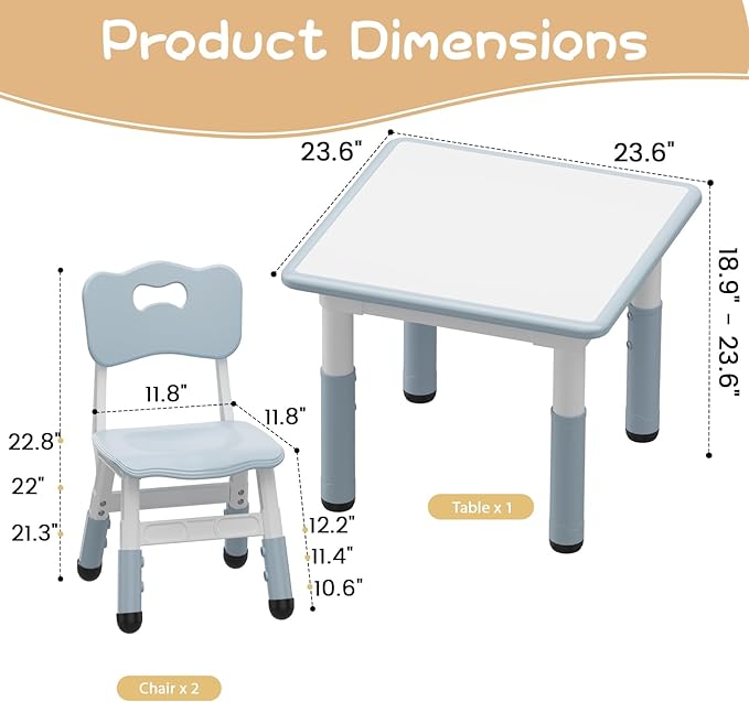 GarveeHome Kids Table and 2 Chairs Set, Height Adjustable Toddler Table and Chair Set for 2, Graffiti Desktop, Non-Slip Design, Children Table for Home Daycare Preschool for Ages 2-8, Gray Blue