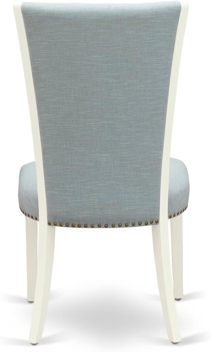 East West Furniture V077VE215-7 7 Piece Dining Table Set Consist of a Rectangle Wooden Table with V-Legs and 6 Baby Blue Linen Fabric Parson Dining Room Chairs, 40x72 Inch, Multi-Color