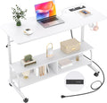 Armocity Height Adjustable Standing Desk with Power Outlets, 47" Manual Stand Up Desk with Storage Shelves Small Mobile Rolling Computer Desk Portable Laptop Table with Wheels for Home Office, White