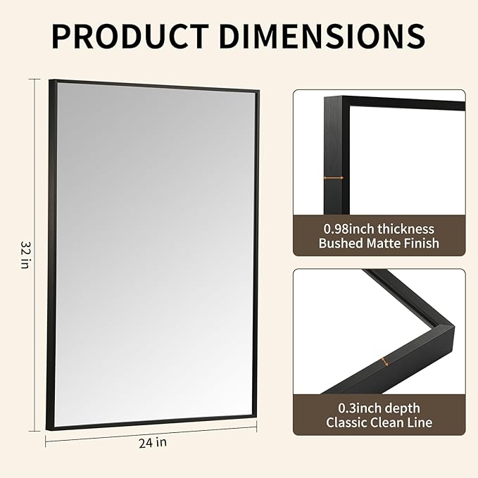 Matte Black Mirror, 24x32 Inch Aluminum Framed Rectangle Mirror, Anti-Rust, Tempered Glass, Square Corner Wall Mirror for Over Sink, Vanity, Bedroom, Entryway, Horizontal/Vertical